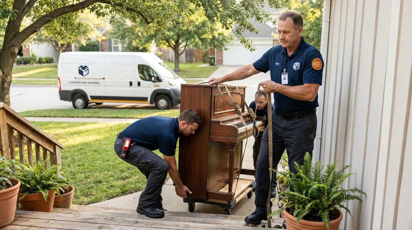 Licensed piano movers securing grand piano in Thousand Oaks, CA