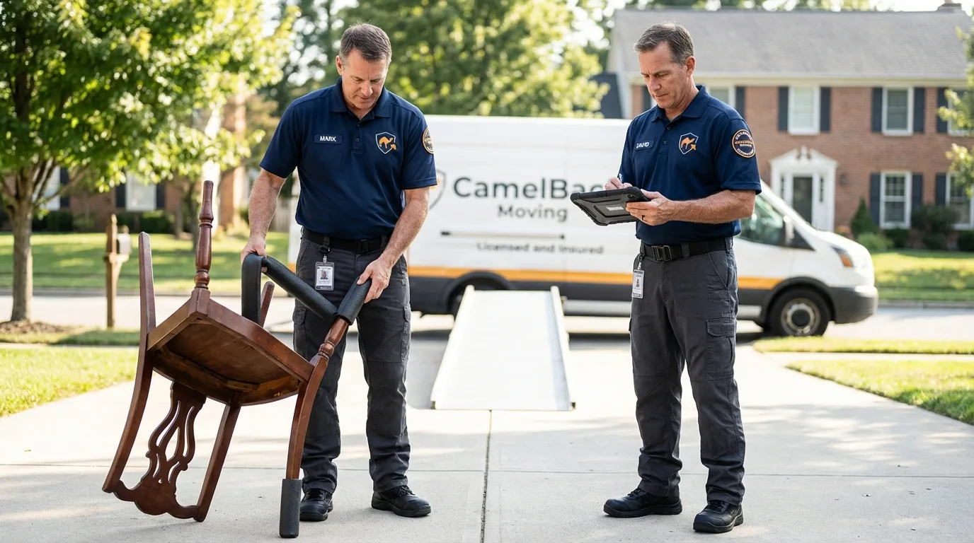 Movers inspecting furniture for damage prevention before loading in Thousand Oaks, CA