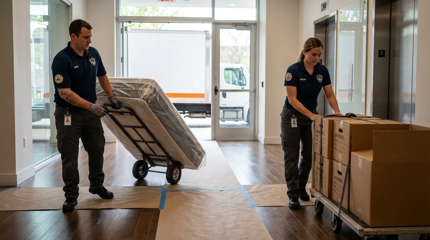 Professional apartment movers loading elevator in Thousand Oaks, CA